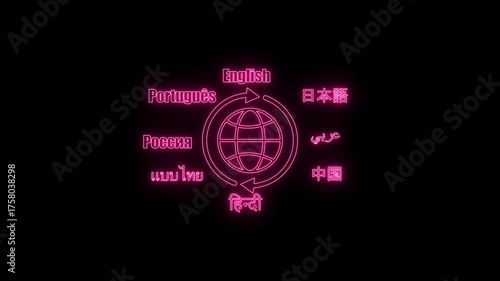 Global language translation concept with globe and multilingual text in vibrant pink neon on black Keywords: translation, language, global, world, globe, communication, international, concept
