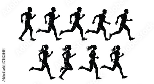 Vector art of silhouettes of male and female runners in motion, depicting various stages of a running stride, isolated on a
