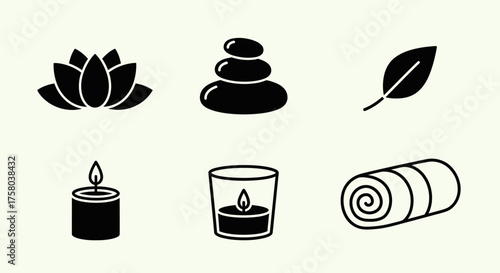 Spa icons lotus, stones, leaf, candle, votive, rolled towel