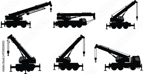  Mobile crane silhouette vector, truck-mounted lifting equipment, construction machinery, boom extension, heavy duty rigging, industrial transport, stabilizer deployed, operational positions
