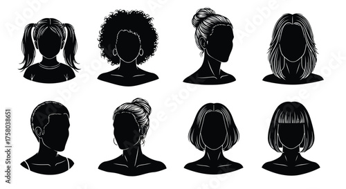 Vector art of collection of diverse female hairstyles in silhouette