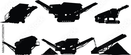  Mobile crushing and screening equipment silhouettes, construction machinery, mining tools, material processing units, conveyor systems, industrial site illustration, vector graphic, black icons