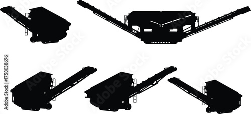 Mobile Crushing and Screening Equipment Silhouettes, Conveyor Belts and Tracks, Heavy-duty Mobile Crushers, Mining and Construction Recycling Plant, Industrial Processing Views