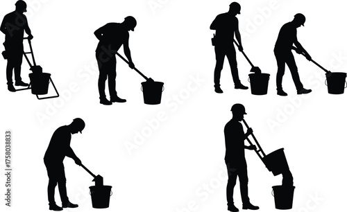 Mop and bucket cleaning silhouette, janitor mopping posture set, hygiene maintenance action, housework routine, sanitation concept, vector illustration for stock content