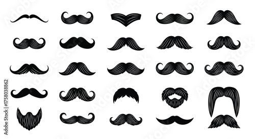 Vector art of collection of black and white illustrations of various mustache and beard styles