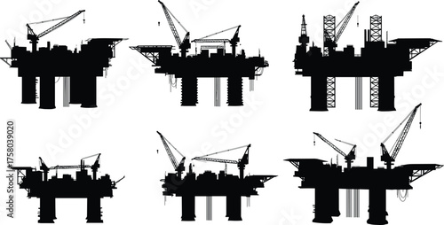 Offshore oil platform silhouettes, marine drilling rigs, petroleum extraction, industrial infrastructure,