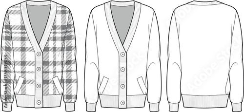 Plaid v neck cardigan sweater fashion technical flat sketch with button front and pockets design, cad drawing flat vector illustration