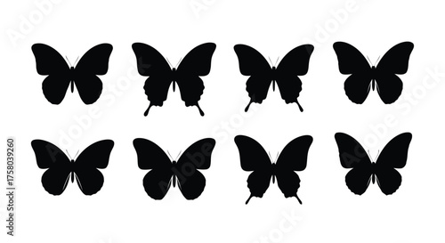 Vector art of collection of eight black silhouette butterfly icons with a slightly textured appearance