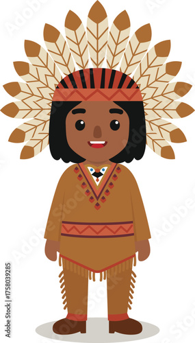 cute cartoon native wearing a war bonnet on his head in a standing pose