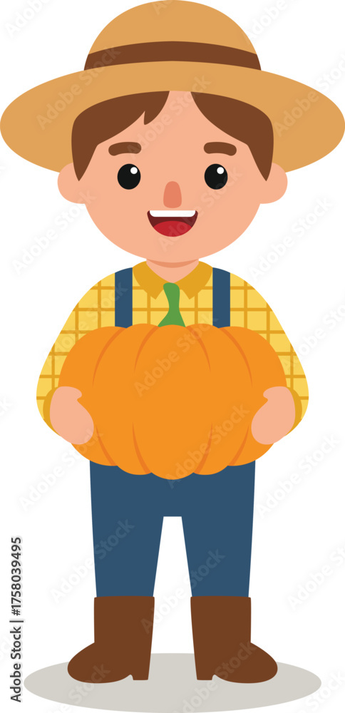 Fototapeta premium cute cartoon farmer standing with pumpkin in both hands