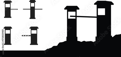 Parking gate barrier silhouettes, toll booth vector icons, access control systems, black isolated illustrations, editable entrance graphics, security checkpoint design elements