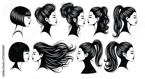 Vector art of collection of diverse female hairstyles and profiles