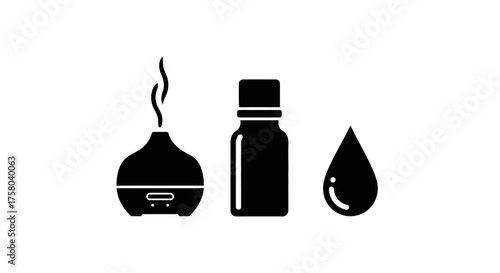 Essential oil diffuser, bottle, and droplet icons on a white background