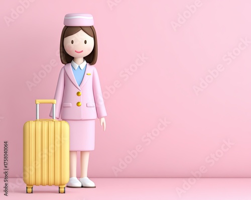 3D Cartoon Occupation Illustration Animated flight attendant standing next to a yellow suitcase on a pink background.