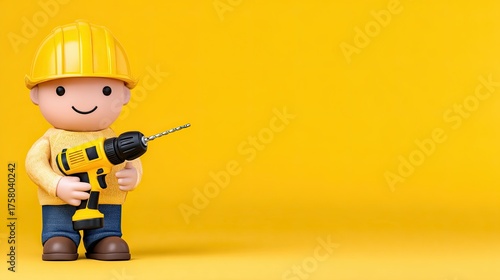 3D Cartoon Occupation Illustration Cute construction toy figure with a drill against a bright yellow background.
