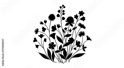 A silhouette of a bouquet of diverse wildflowers and foliage