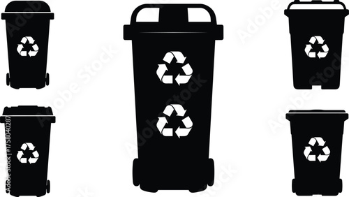  Recycling bin silhouette, waste container icon, eco-friendly symbol vector, black illustration, environmental cleanup, trash management, sustainability concept design