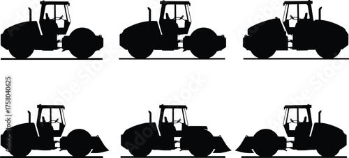  Road roller silhouettes, construction machinery vector, heavy compactor equipment, asphalt and soil compaction tools, industrial site vehicles, black icons, stock illustration