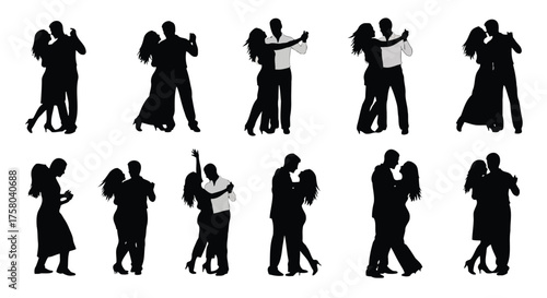 Vector art of collection of black silhouettes of couples dancing ballroom, waltz, and tango