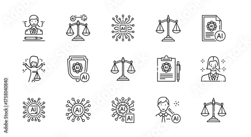 Vector art of collection of handdrawn icons related to artificial intelligence and law