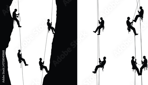 Rock Climbers Silhouette, Rappelling Teamwork, Climbers on Rope, Outdoor Adventure, Vertical Rescue Training, Rope Access, Mountaineering Instruction, Partner Climbing, Belaying Technique