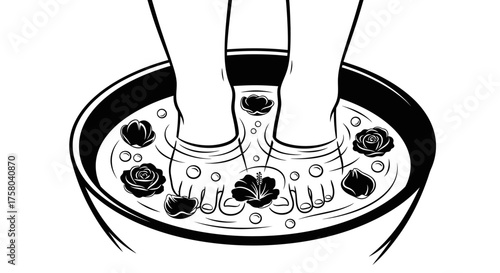 Feet soaking in a floral foot bath with water ripples and bubbles