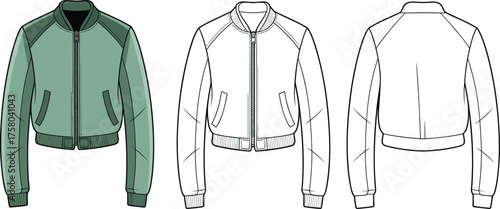 Stylish bomber jacket technical fashion sketch with front zipper and pockets detailed flat outline design, cad drawing flat vector illustration