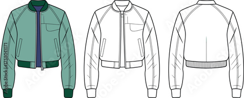 Stylish bomber jacket fashion CAD drawing, technical flat vector illustration showing front and back design details for apparel designers, template reference