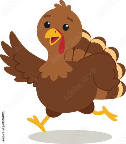 cute turkey cartoon character with walking pose and waving hand
