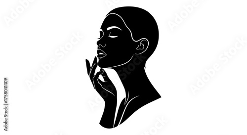 Cuadro en lienzo Minimalist silhouette of a woman's profile, touching her chin thoughtfully