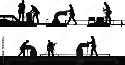  Rooftop HVAC workers, industrial maintenance silhouettes, air duct installation, safety harness labor, construction crew, mechanical repair, building infrastructure, vector illustration for stock
