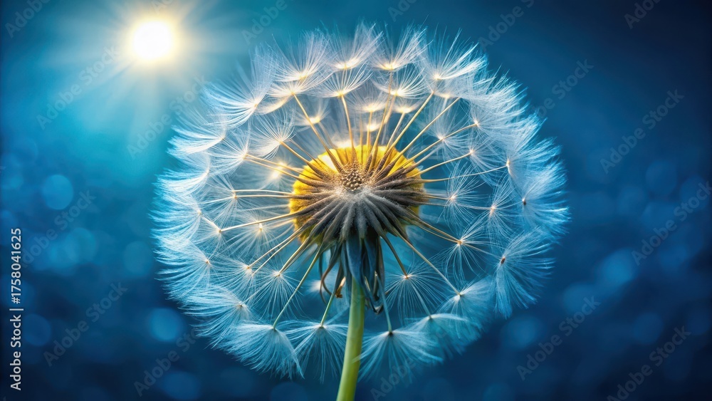 Obraz premium A radiant dandelion seed head basks in the soft glow of sunlight against a deep blue backdrop, its delicate plumes illuminated, creating a serene and ethereal image of nature's beauty.