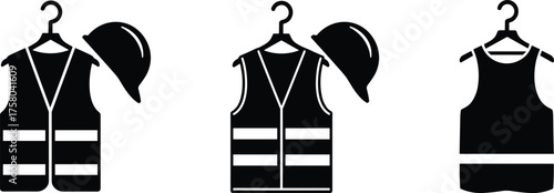  Safety gear silhouette set, construction helmet and vest icons, black vector illustration, personal protective equipment graphics, industrial workwear visuals, hazard prevention symbols