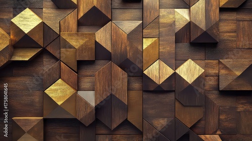 Abstract geometric wooden texture with gold accents.