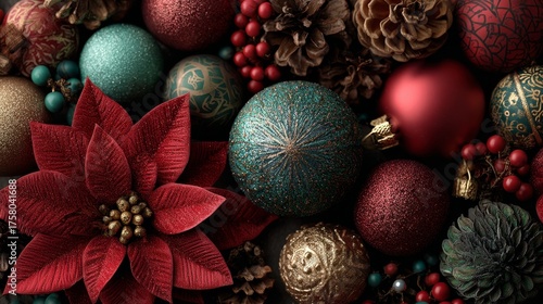 Tacky Christmas background with colorful holiday decorations, glitter ornaments, tinsel, lights and festive elements on vibrant surface, cheerful and playful seasonal concept