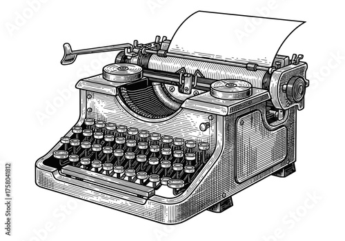 Vector hand drawn illustration of retro typewriter in vintage engraved style