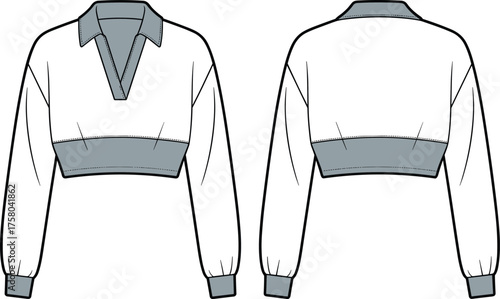 Stylish cropped polo sweatshirt fashion design, long sleeve pullover flat sketch, vector cad drawing technical illustration for modern streetwear clothing