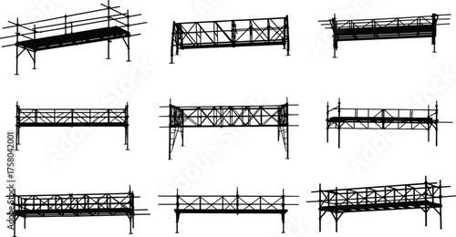  Scaffolding and truss silhouette set, structural support icons, black vector illustration, construction framework graphics, engineering stability visuals, architectural load-bearing symbols