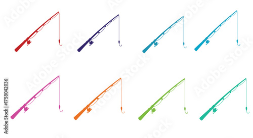 Colorful fishing rods arranged in a grid pattern on a white background