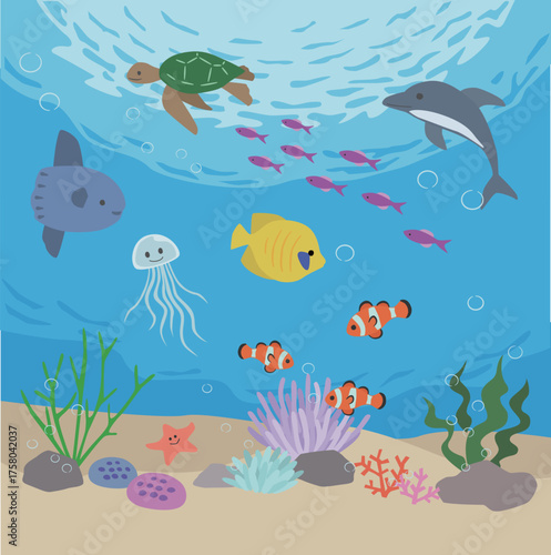 海の中で泳ぐ魚やカメ、イルカのイラスト