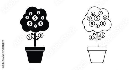 Money trees in pots black and white outline illustration