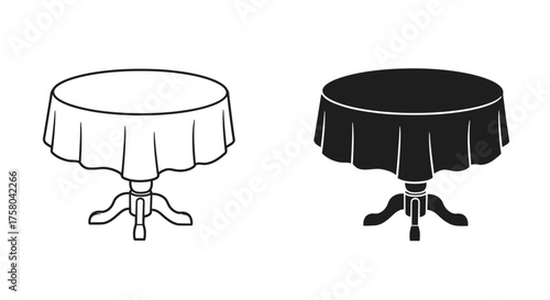 Simple illustration of two round tables with draped tablecloths in black and white