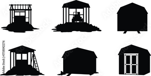  Shed construction silhouettes, building stages vector, pitched roof structures, outdoor architecture, black shed icons, construction process, DIY shed design, stock illustration