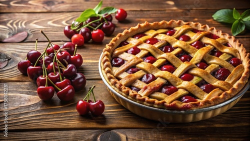 A delectable homemade cherry pie, baked to golden perfection, sits on a rustic wooden table, surrounded by fresh, ripe cherries, ready to be enjoyed.