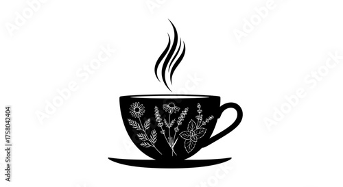 Black silhouette of a steaming teacup adorned with delicate floral engravings