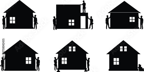 Silhouette houses with human figures, residential interaction concept, black vector illustration, minimal design, urban living, symbolic architecture, family and home themes