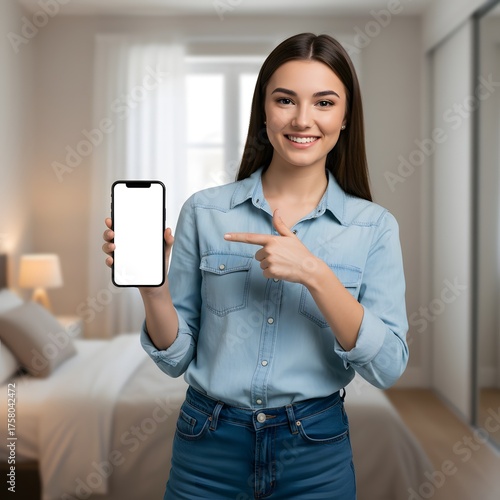 Young woman holding and pointing at a smartphone in a modern bedroom.