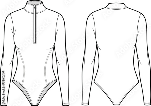 Women long sleeve bodysuit front and back view cad drawing flat vector illustration, fashion design template, apparel technical sketch, zipper style