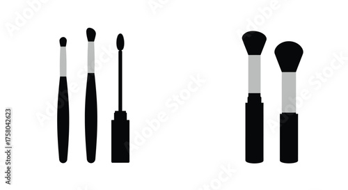 A simple black and white illustration of various makeup brushes