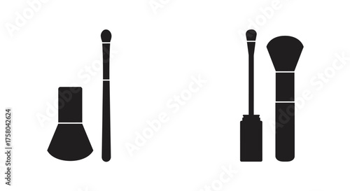 Simple black and white illustration depicting three makeup brushes isolated on white